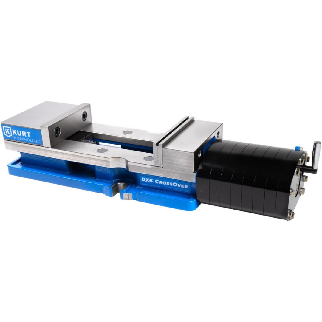 Kurt CNC Machines Vise: DX, Single-Station, 4.0000" Jaw Width, 9.0" Jaw Opening, Stationary Base, Precision 05318027 shown in a front angled view featuring a precision CNC machine vise with DX series construction, stationary base, large jaw opening capacity, and high-accuracy workholding design for milling and machining applications.