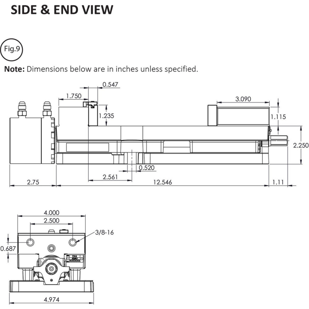 Kurt CNC Machines Vise: DX, Single-Station, 4.0000" Jaw Width, 9.0" Jaw Opening, Stationary Base, Precision 05318027 side and end view engineering drawing showing overall dimensions, jaw travel specifications, mounting details, and workholding measurements for machine setup.