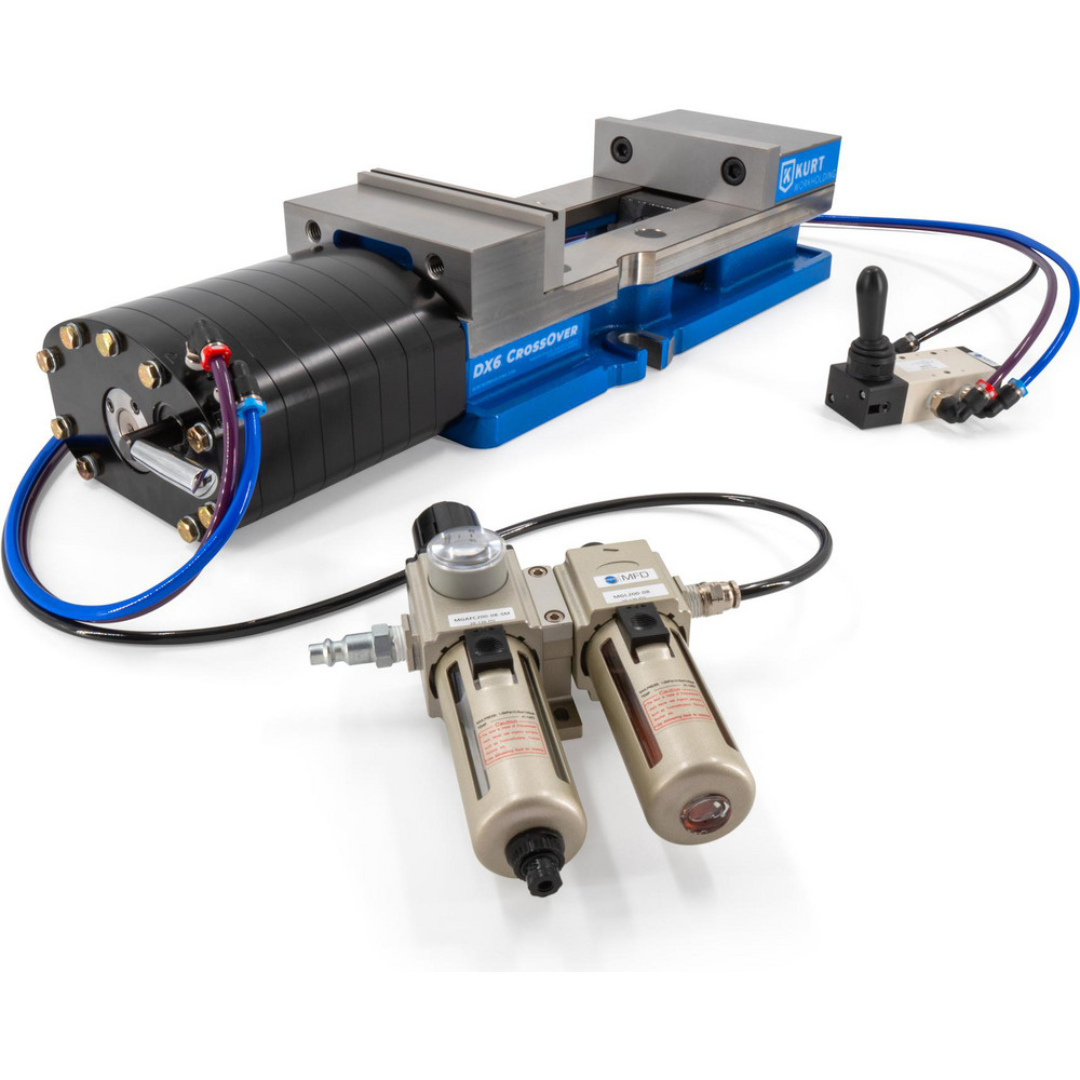 Kurt CNC Machines Vise: DX, Single-Station, 6.00" Jaw Width, 9.0" Jaw Opening, Stationary Base, Precision 67155739 accessory kit image showing pneumatic and hydraulic components designed to support advanced CNC vise operation and workholding performance.