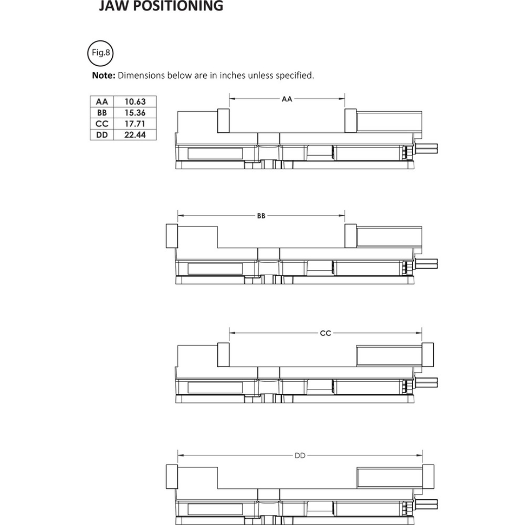 Kurt CNC Machines Vise: DX, Single-Station, 8.00" Jaw Width, 10.0" Jaw Opening, Stationary Base, Precision 81818304 engineering drawing showing dimensional specifications, jaw travel, mounting details, and precision-machined design features for machine shop and manufacturing applications.