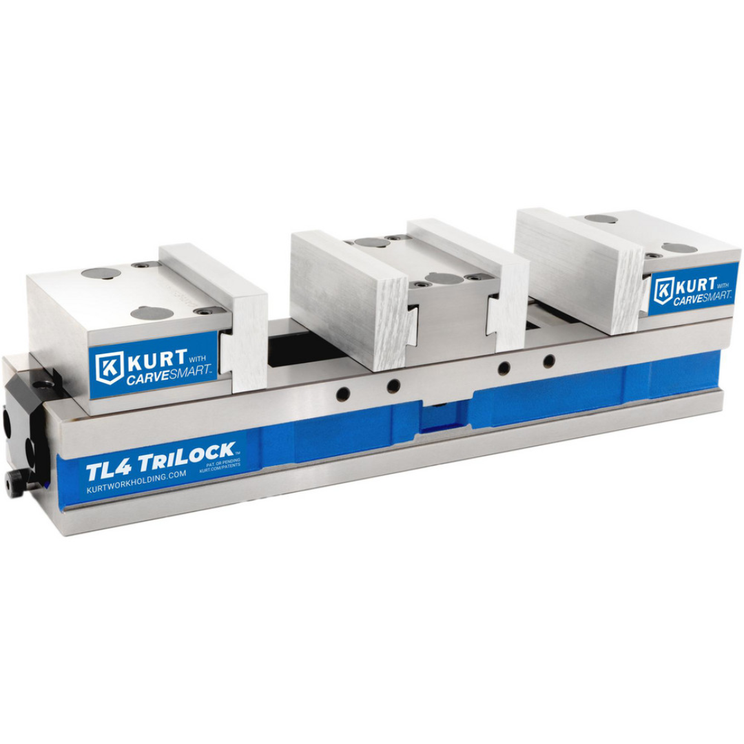 Kurt CNC Machines Vise: TriLock, Double-Station, 3.9700" Jaw Width, 9.8" Jaw Opening, Stationary Base, Precision 55542674 double-station precision machine vise featuring TriLock workholding technology for secure clamping, repeatable positioning, and high-efficiency CNC machining.