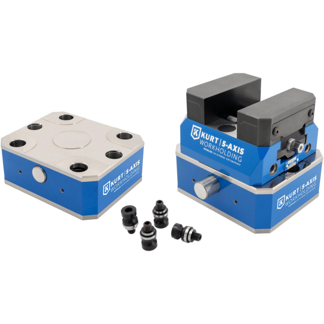 Kurt CNC Quick-Change Clamping Modules: Actuation Type: Manual; Number of Module Centers: 1 55541924 shown with mounting hardware and compatible vise components, demonstrating pull-stud integration, modular workholding capability, and rapid changeover functionality for CNC manufacturing environments.