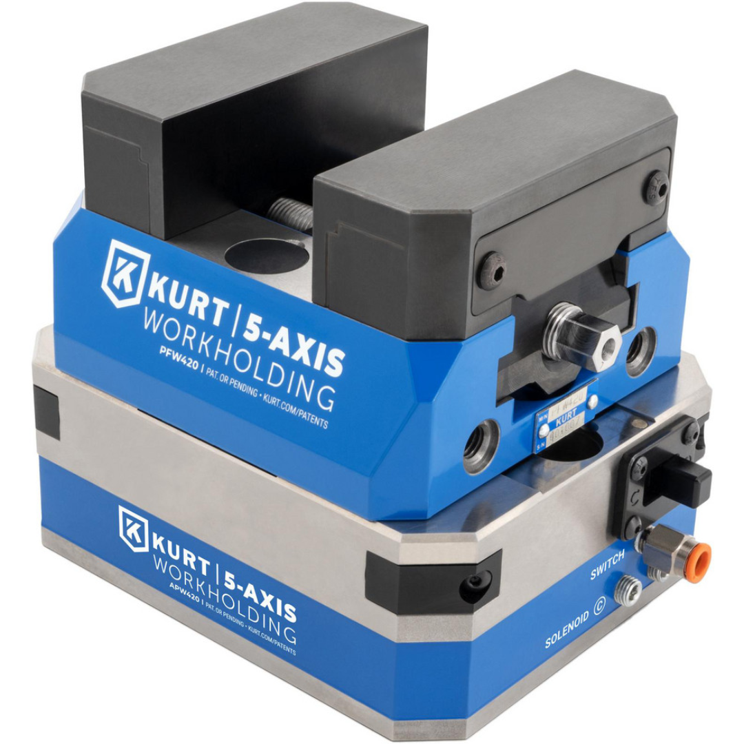 Kurt CNC Quick-Change Clamping Modules: Actuation Type: Pneumatic; Number of Module Centers: 1 55539316 shown with a mounted self-centering vise, demonstrating pneumatic actuation, precision workholding compatibility, and unobstructed access for advanced 5-axis CNC machining operations.