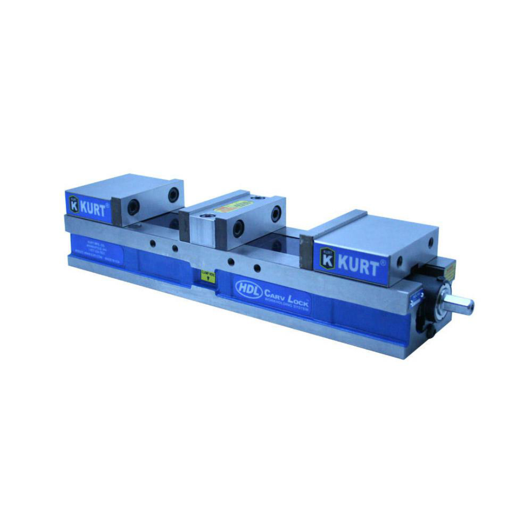 Kurt Machine Vise: Double-Station, 4.00" Jaw Width, 2-63/64" Jaw Opening, Stationary Base 73411720 side-angle product image highlighting the double-station configuration, precision clamping system, and heavy-duty base construction for increased machining productivity.