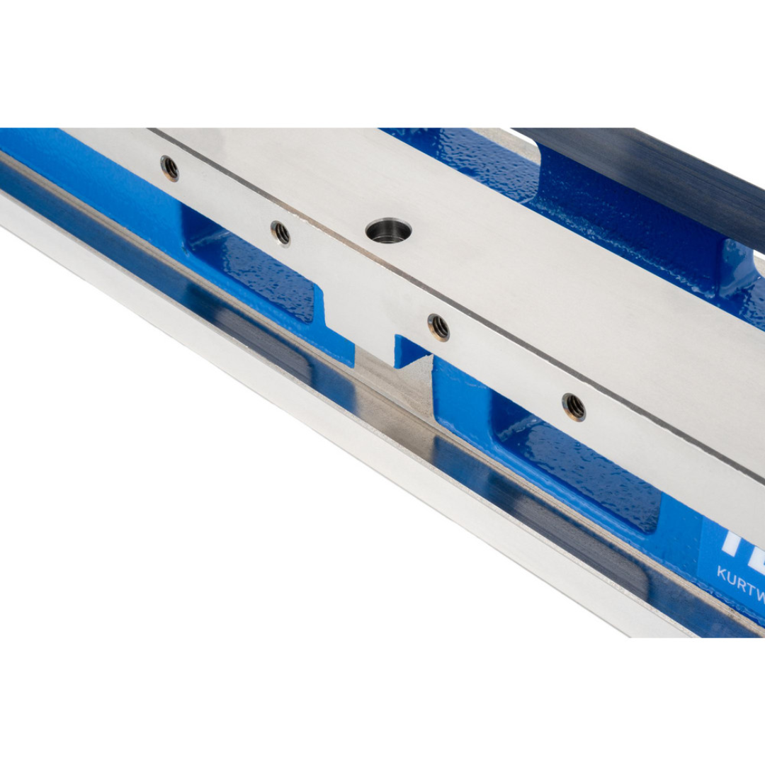 Kurt Machine Vise: Double-Station, 6.00" Jaw Width, 11" Jaw Opening, Stationary Base, Precision 63911804 angled side view showing dual-station clamping capability, stationary base configuration, and high-accuracy machining performance.