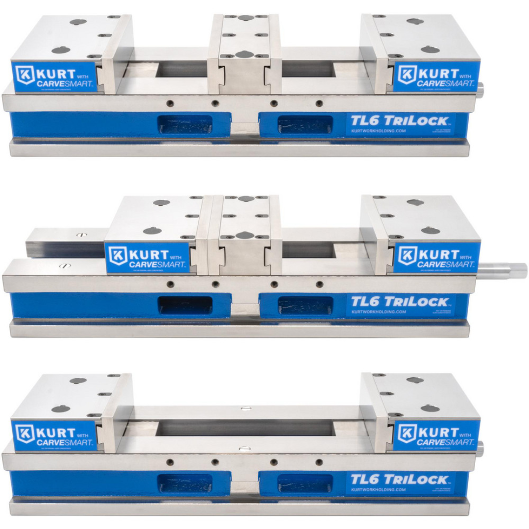 Kurt Machine Vise: Double-Station, 6.00" Jaw Width, 11" Jaw Opening, Stationary Base, Precision 63911804 configuration comparison image displaying various vise setups and clamping arrangements for machining operations.