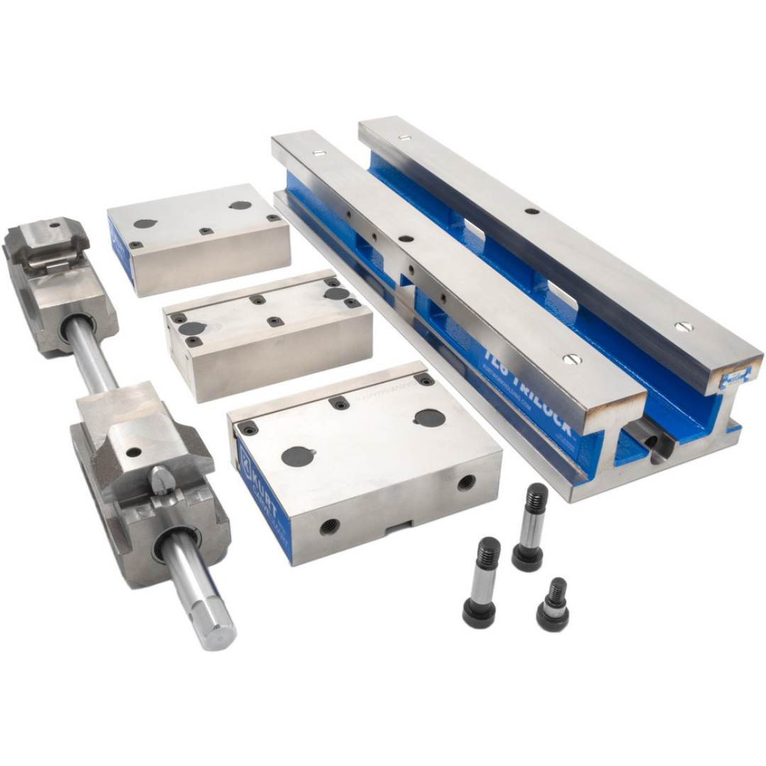 Kurt Machine Vise: Double-Station, 6.00" Jaw Width, 11" Jaw Opening, Stationary Base, Precision 63911804 exploded component view showing jaws, hardware, and precision-machined parts designed for reliable workholding and maintenance.