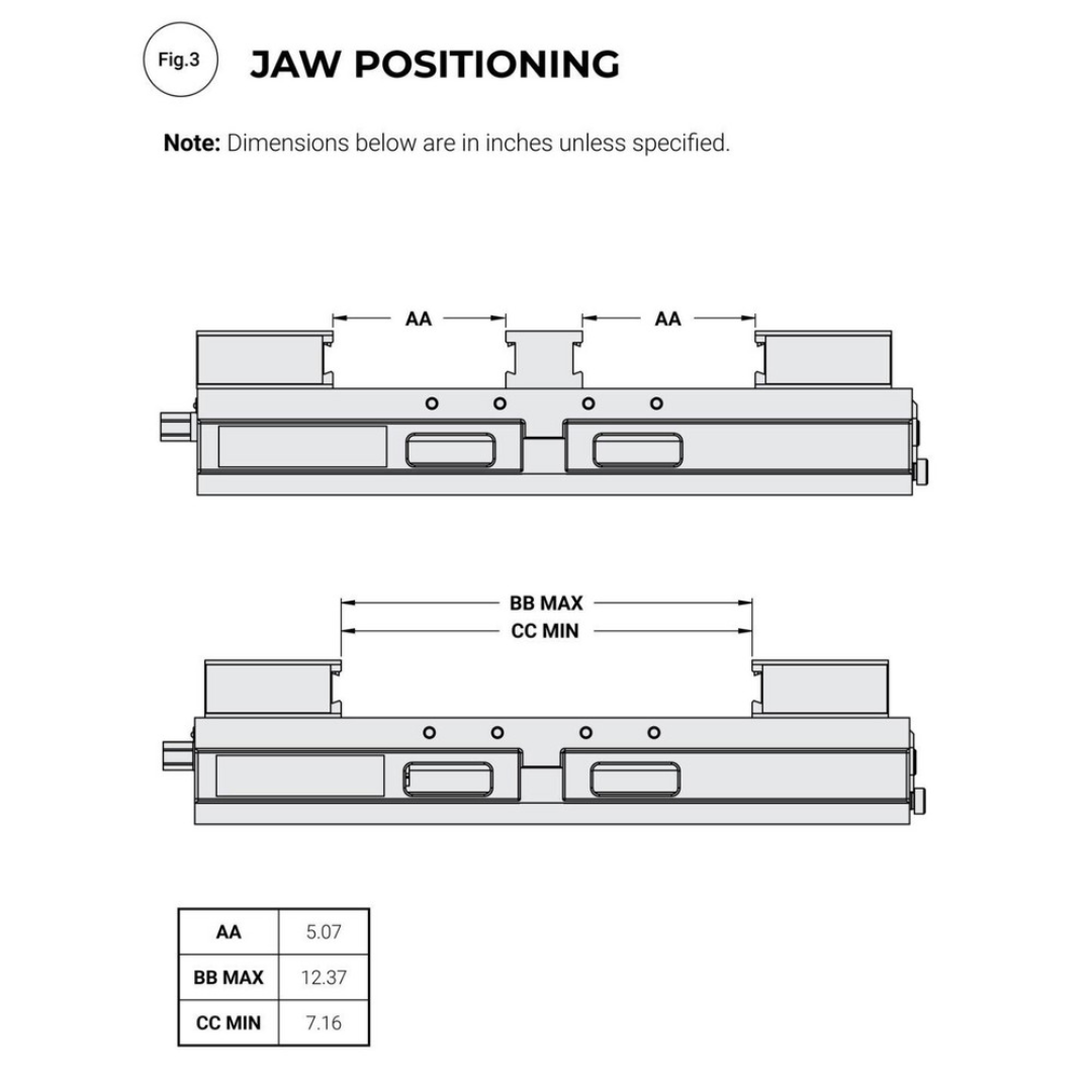 Kurt Machine Vise: Double-Station, 6.00" Jaw Width, 11" Jaw Opening, Stationary Base, Precision 63911804 jaw positioning diagram illustrating multiple jaw configurations and setup options for versatile workholding applications.