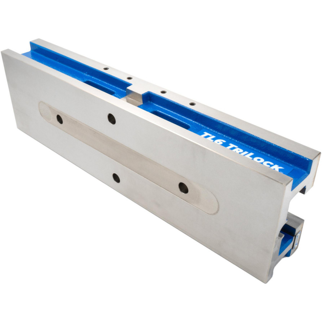 Kurt Machine Vise: Double-Station, 6.00" Jaw Width, 11" Jaw Opening, Stationary Base, Precision 63911804 side profile view highlighting the extended body design, precision-ground surfaces, and durable industrial construction.