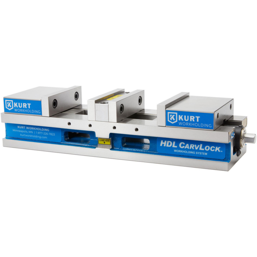 Kurt Machine Vise: Double-Station, 6.00" Jaw Width, 4" Jaw Opening, Stationary Base 73411738 angled side view showing dual-station design, durable ductile iron construction, precision-ground surfaces, and efficient multi-part machining capability.
