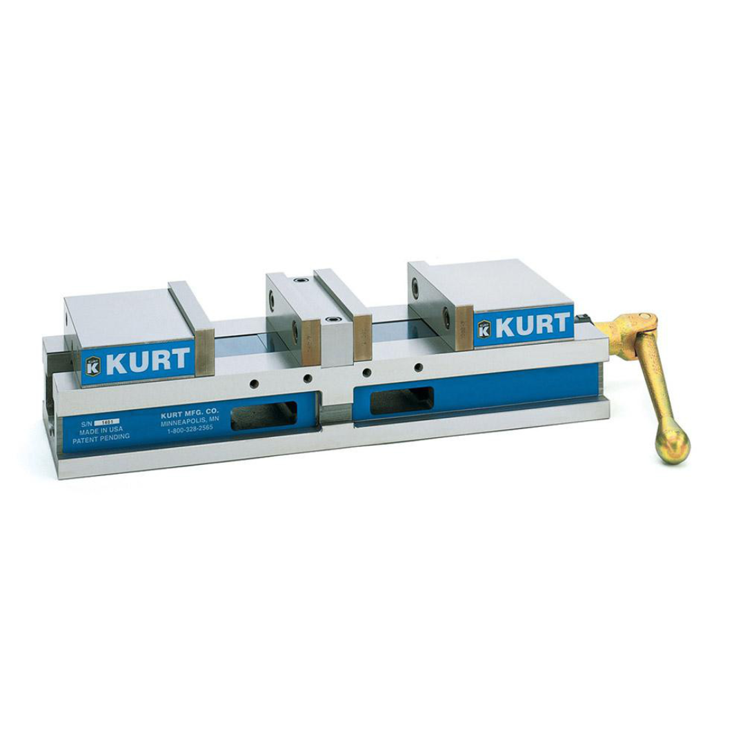 Kurt Machine Vise: Double-Station, 8.0000" Jaw Width, 6" Jaw Opening, Stationary Base, Precision DL800 side-angle product view highlighting dual clamping stations, precision workholding capabilities, and durable industrial construction for production machining environments.