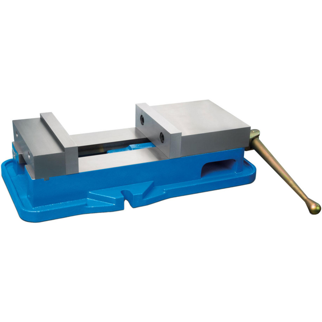 Kurt Machine Vise: Single-Station, 10.00" Jaw Width, 9-3/4" Jaw Opening, Stationary Base, Precision 09215104 shown in a front three-quarter view with extra-wide precision-ground jaws, heavy-duty stationary base, and manual clamping handle for large-part machining applications.
