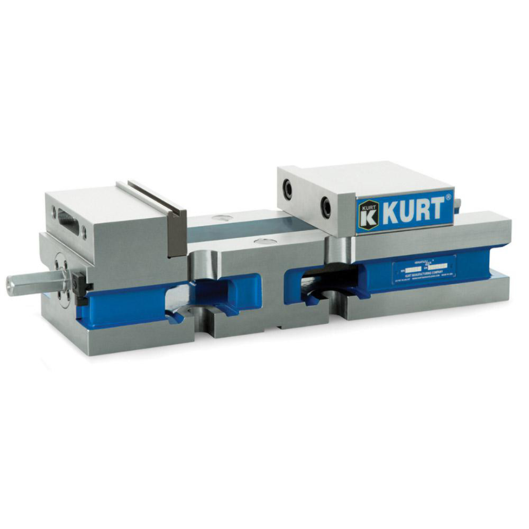 Kurt Machine Vise: Single-Station, 4.0000" Jaw Width, 6" Jaw Opening, Stationary Base, Precision 61696746 displayed in a side perspective view highlighting precision workholding geometry, stationary mounting base, durable construction, and secure clamping capability for machining operations.