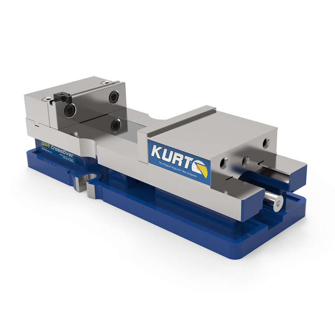 Kurt Machine Vise: Single-Station, 4.00" Jaw Width, 6-1/2" Jaw Opening, Stationary Base, Precision 30929426 angled view showing durable stationary base design, precision-ground surfaces, and reliable clamping performance for manufacturing environments.