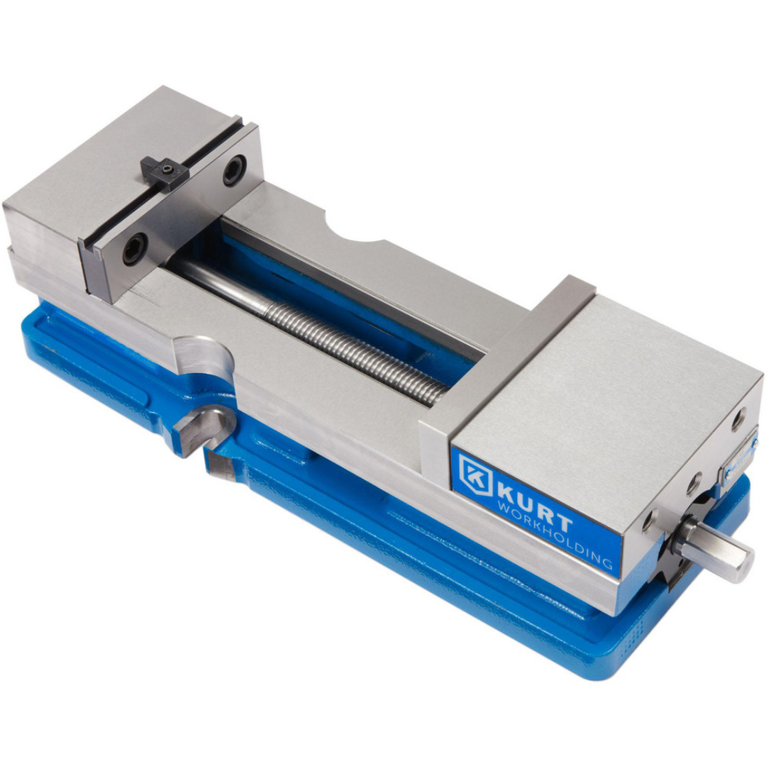 Kurt Machine Vise: Single-Station, 4.00" Jaw Width, 6-1/2" Jaw Opening, Stationary Base, Precision 30980429 elevated perspective showing the vise body, jaw opening capacity, and precision-machined workholding surfaces.