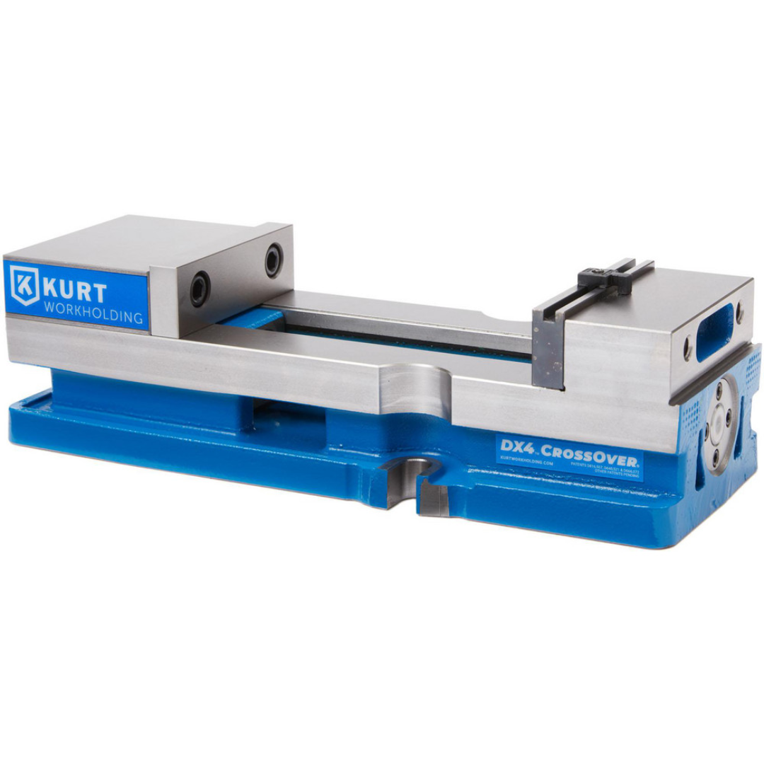 Kurt Machine Vise: Single-Station, 4.00" Jaw Width, 6-1/2" Jaw Opening, Stationary Base, Precision 30980429 side-angle view displaying the jaw assembly, spindle mechanism, and durable stationary base construction.
