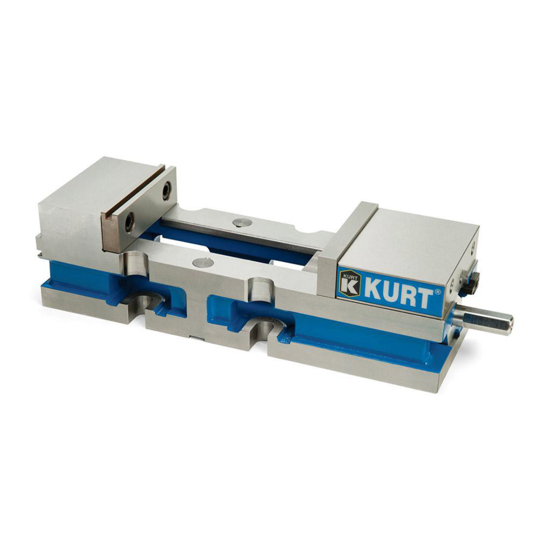 Kurt Machine Vise: Single-Station, 4.00" Jaw Width, 6" Jaw Opening, Stationary Base, Precision 44541472 side-angle product image highlighting the jaw assembly, stationary base design, spindle mechanism, and precision machining features.