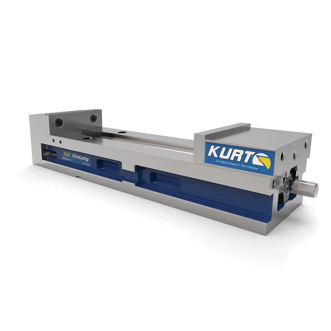 Kurt Machine Vise: Single-Station, 6.00" Jaw Width, 14" Jaw Opening, Stationary Base, Precision 48750004 side-angle view showing stationary base design, precision-ground surfaces, extended jaw opening capacity, and durable industrial-grade machining vise construction.