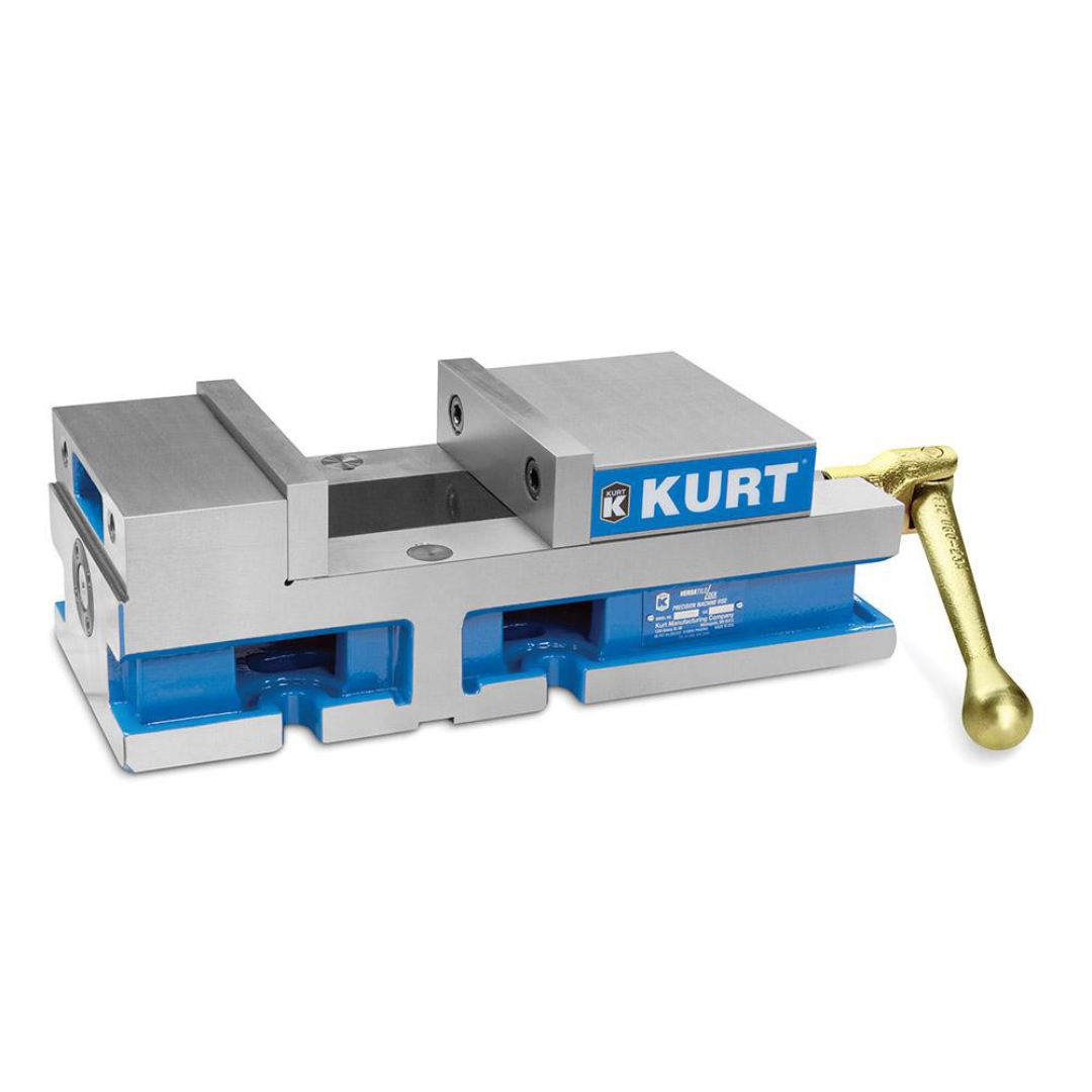 Kurt Machine Vise: Single-Station, 6.00" Jaw Width, 6" Jaw Opening, Stationary Base, Precision 09219007 side-angle product image displaying the vise jaw assembly, stationary base design, and included handle for accurate workholding operations.
