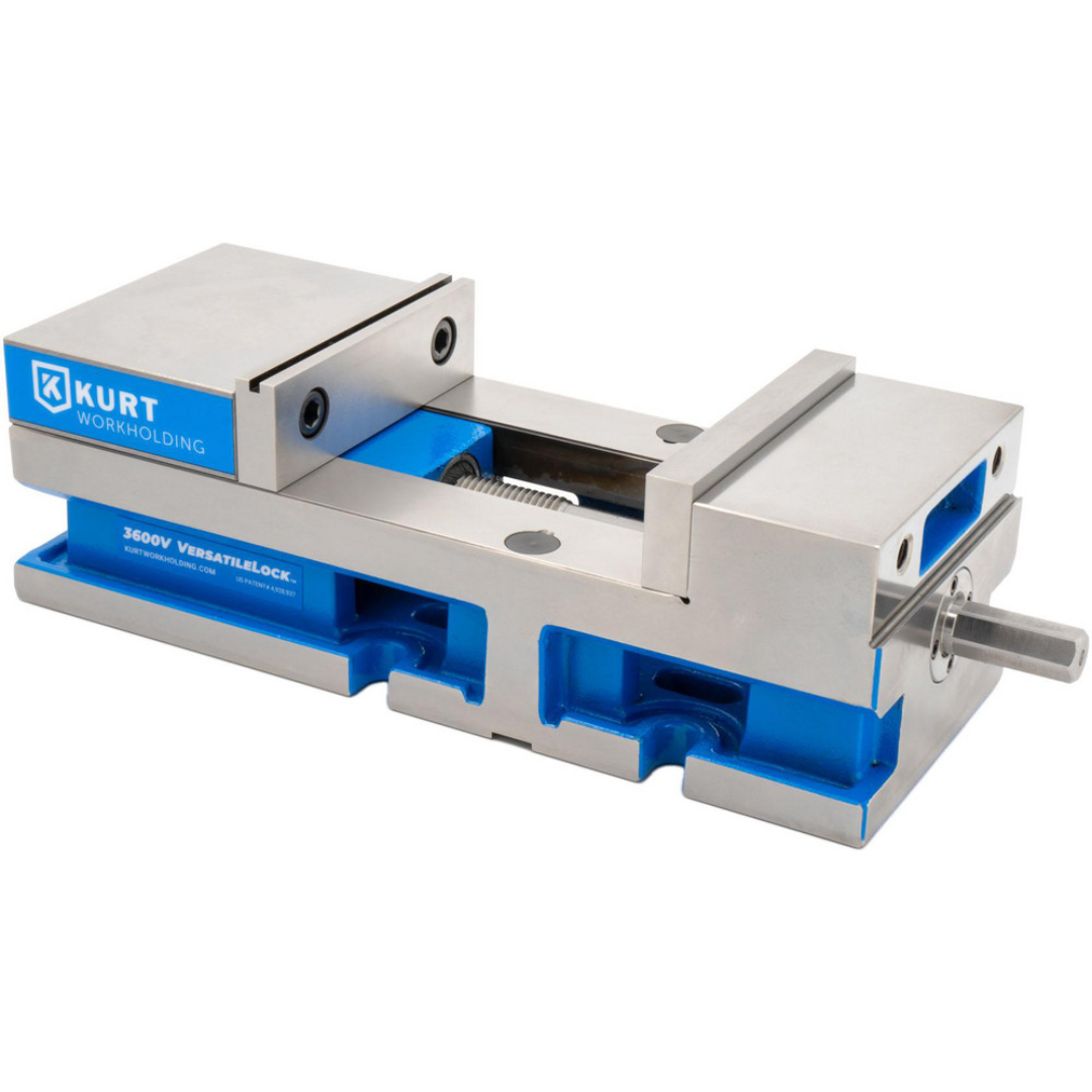 Kurt Machine Vise: Single-Station, 6.00" Jaw Width, 6" Jaw Opening, Stationary Base, Precision 09219023 shown in a front three-quarter view with precision-ground jaws, rigid stationary base, and heavy-duty workholding construction for milling and machining applications.