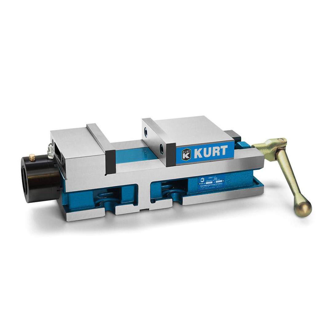 Kurt Machine Vise: Single-Station, 6.00" Jaw Width, 6" Jaw Opening, Stationary Base, Precision 09219080 angled side view showing durable stationary base design, precision-ground surfaces, and reliable clamping performance for manufacturing environments.
