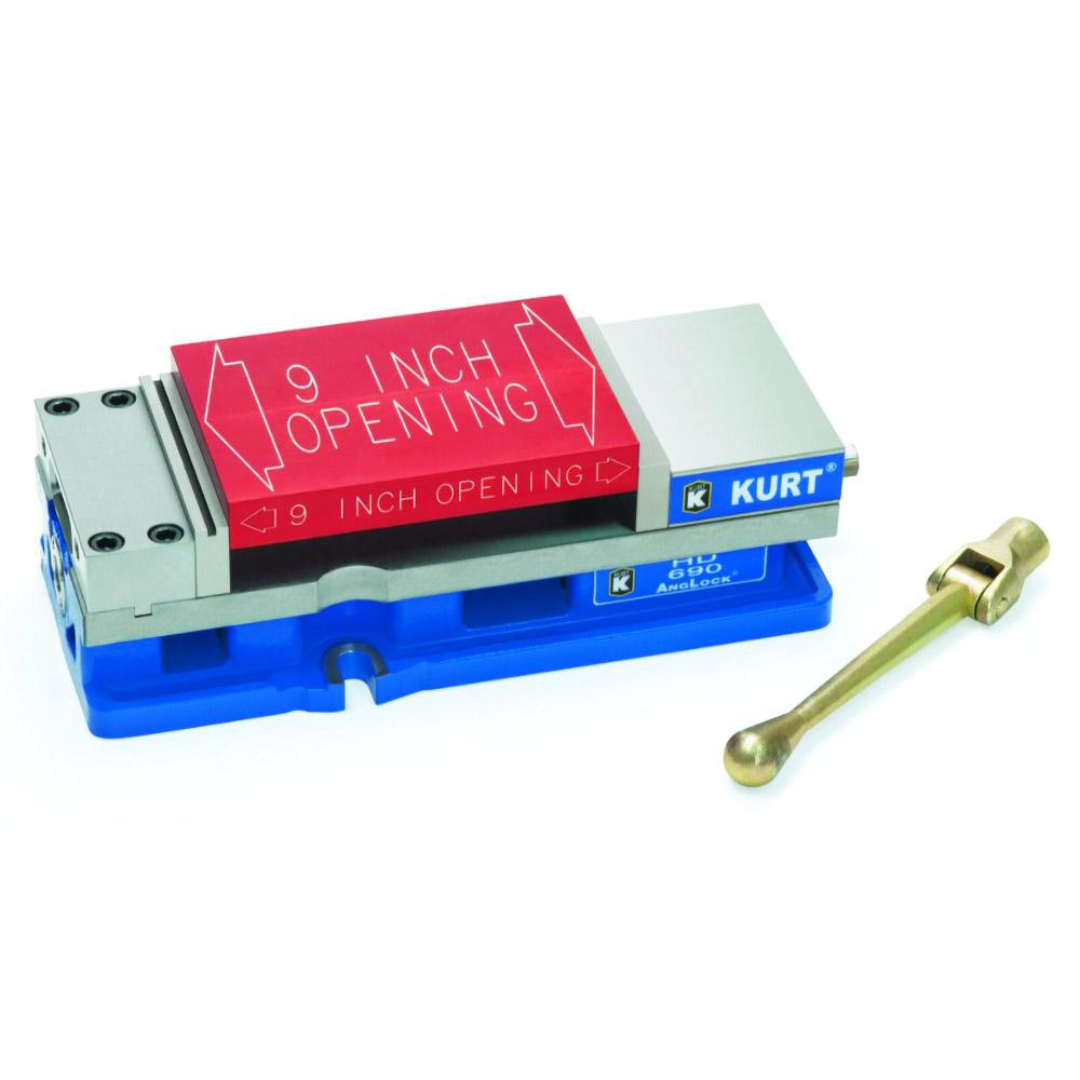 Kurt Machine Vise: Single-Station, 6.00" Jaw Width, 9-1/16" Jaw Opening, Stationary Base, Precision 73411712 shown with a mounted workpiece and clamping setup, demonstrating secure workholding and precision machining capability.