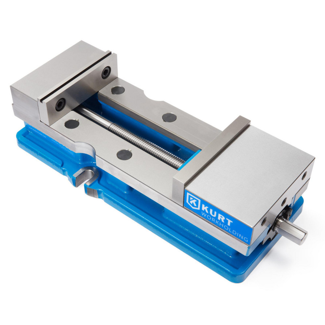 Kurt Machine Vise: Single-Station, 6.00" Jaw Width, 9" Jaw Opening, Stationary Base, Precision 37609880 elevated perspective displaying the full jaw opening capacity and precision-machined workholding surfaces.