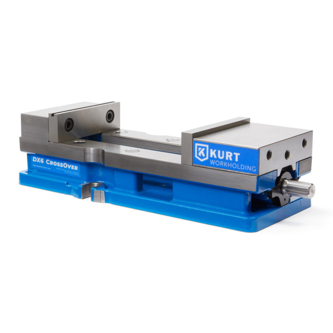 Kurt Machine Vise: Single-Station, 6.00" Jaw Width, 9" Jaw Opening, Stationary Base, Precision 37609880 shown in a three-quarter view with precision-ground jaws and a rigid blue stationary base for milling and machining applications.
