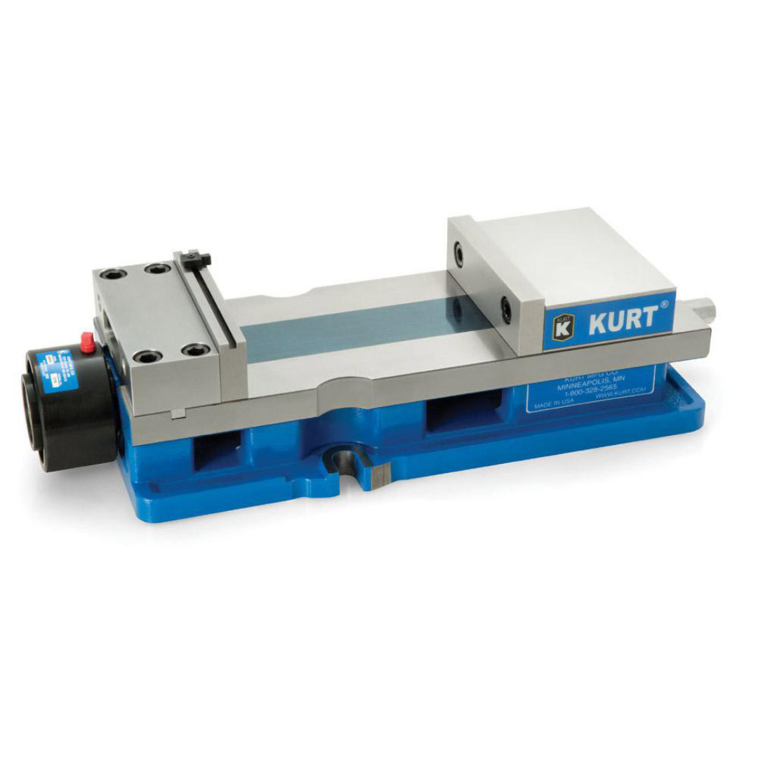 Kurt Machine Vise: Single-Station, 6.00" Jaw Width, 9" Jaw Opening, Stationary Base, Precision 77671808 angled side view showing the stationary base design, precision-ground jaws, and robust clamping mechanism for repeatable machining accuracy and secure workpiece retention