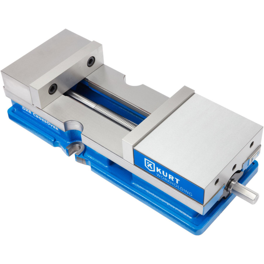 Kurt Machine Vise: Single-Station, 8.00" Jaw Width, 10" Jaw Opening, Stationary Base, Precision 18723726 elevated perspective displaying the full jaw opening capacity and robust vise construction for large workpieces.