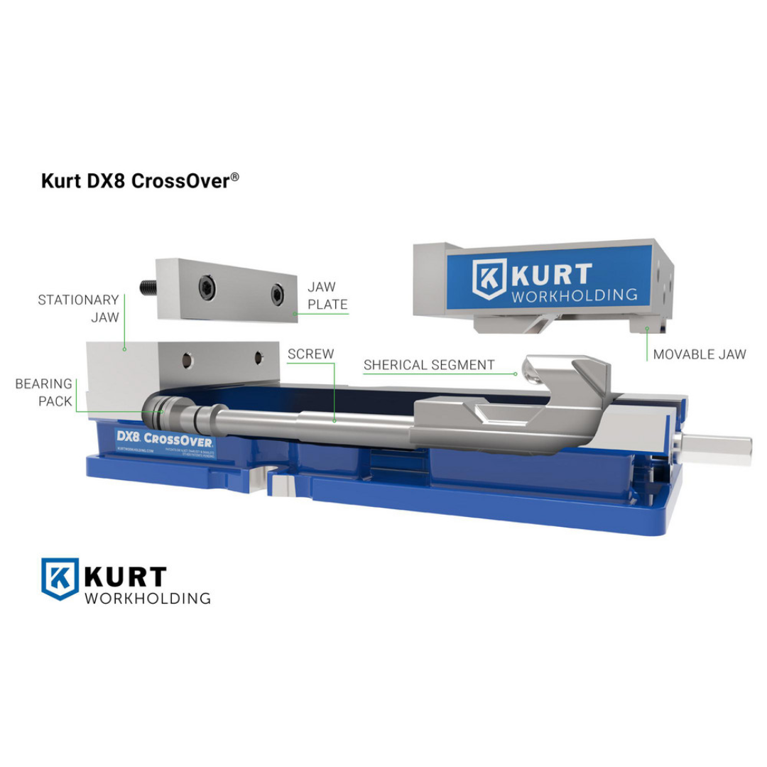 Kurt Machine Vise: Single-Station, 8.00" Jaw Width, 10" Jaw Opening, Stationary Base, Precision 18723726 product specification image illustrating the vise configuration, dimensions, and precision workholding design.