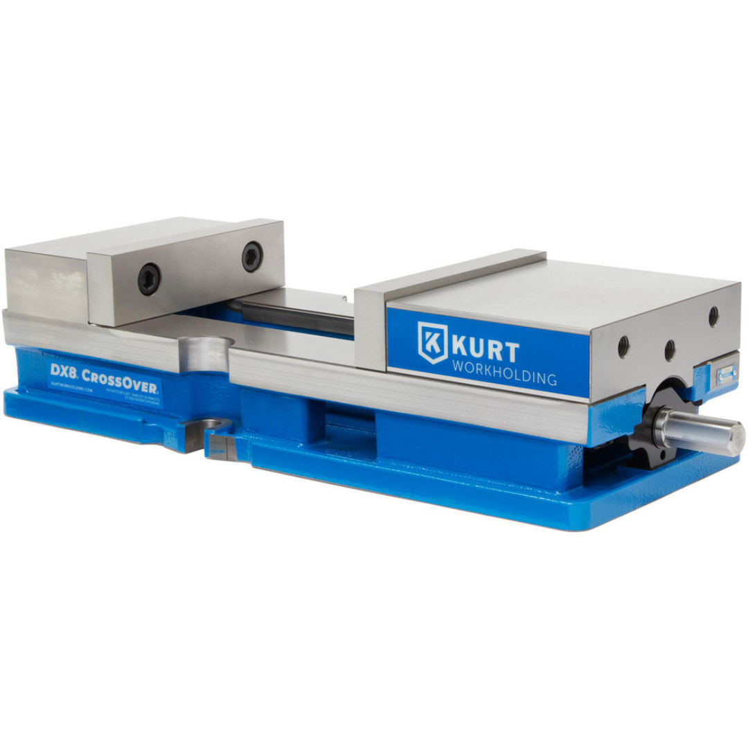 Kurt Machine Vise: Single-Station, 8.00" Jaw Width, 10" Jaw Opening, Stationary Base, Precision 18723726 shown in a front three-quarter view with large precision-ground jaws, rigid stationary base, and heavy-duty workholding construction for machining applications.