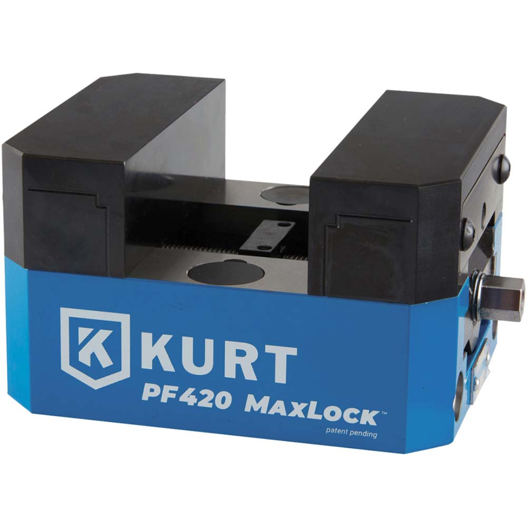 Kurt Modular Carvable Vise: 4" Jaw Width, 1.2500" Jaw Height PF420C precision modular workholding vise featuring carvable jaws, compact low-profile design, and MaxLock clamping technology for custom fixturing and CNC machining applications.