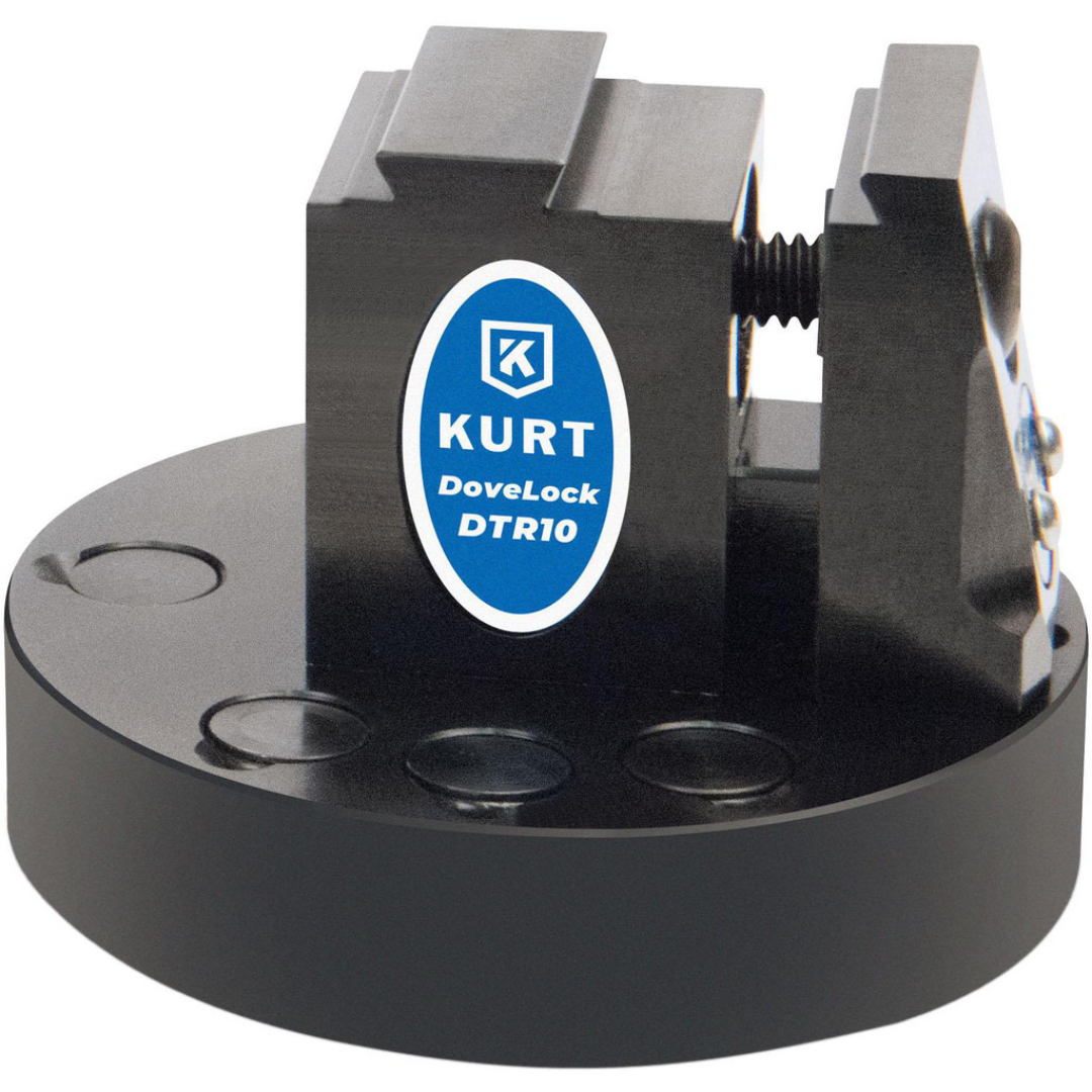 Kurt Modular Dovetail Reversible Vise: 1" Jaw Width, 1.3750" Jaw Height, 0.8000" Jaw Opening Capacity DTR10 compact precision dovetail reversible vise mounted on a round base, featuring hardened jaws, precision clamping mechanism, and modular workholding design for CNC machining and inspection applications.
