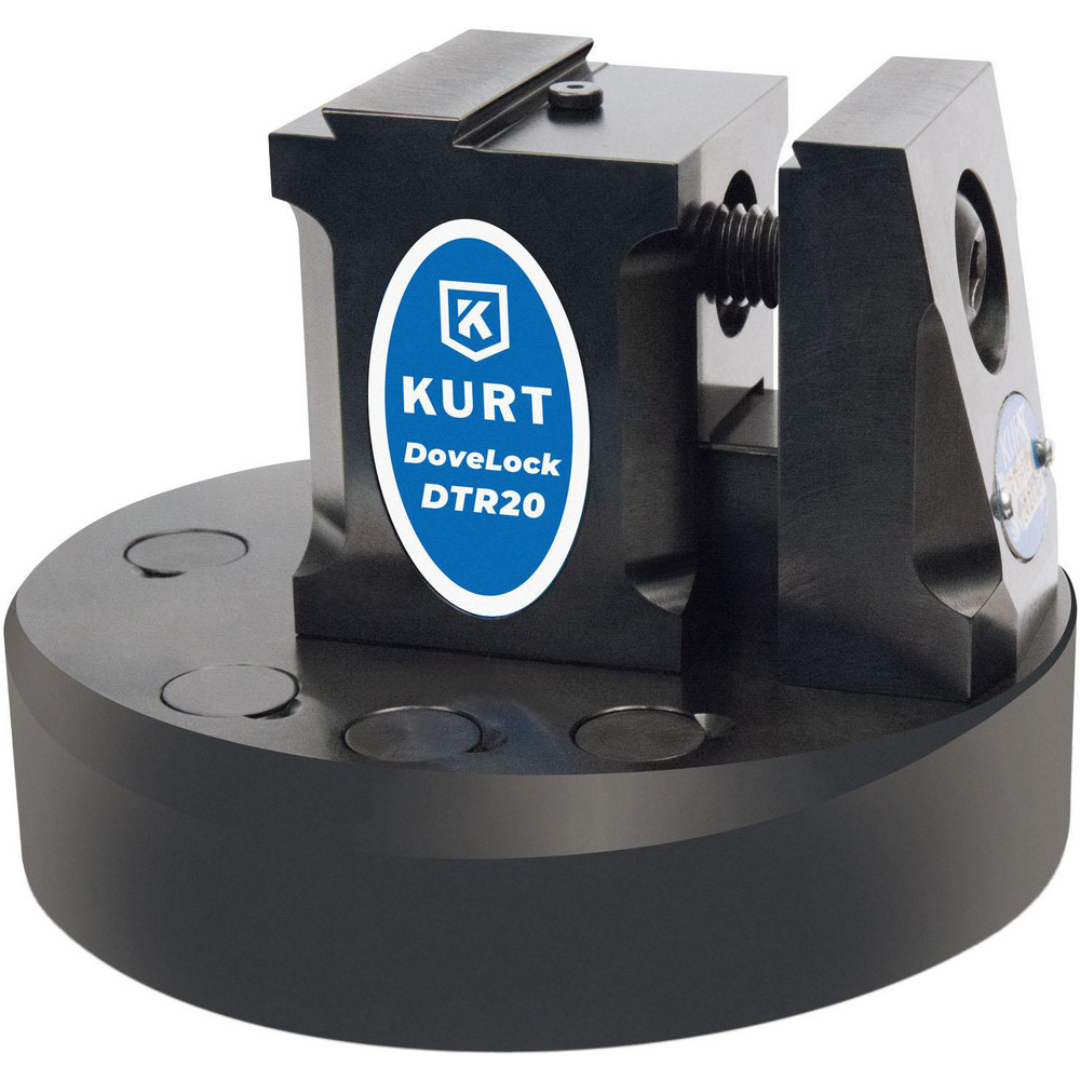 Kurt Modular Dovetail Reversible Vise: 2" Jaw Width, 2.6250" Jaw Height, 1.6500" Jaw Opening Capacity 33607896 mounted on a round base, showing precision-machined reversible jaws and dovetail clamping design for machining applications.