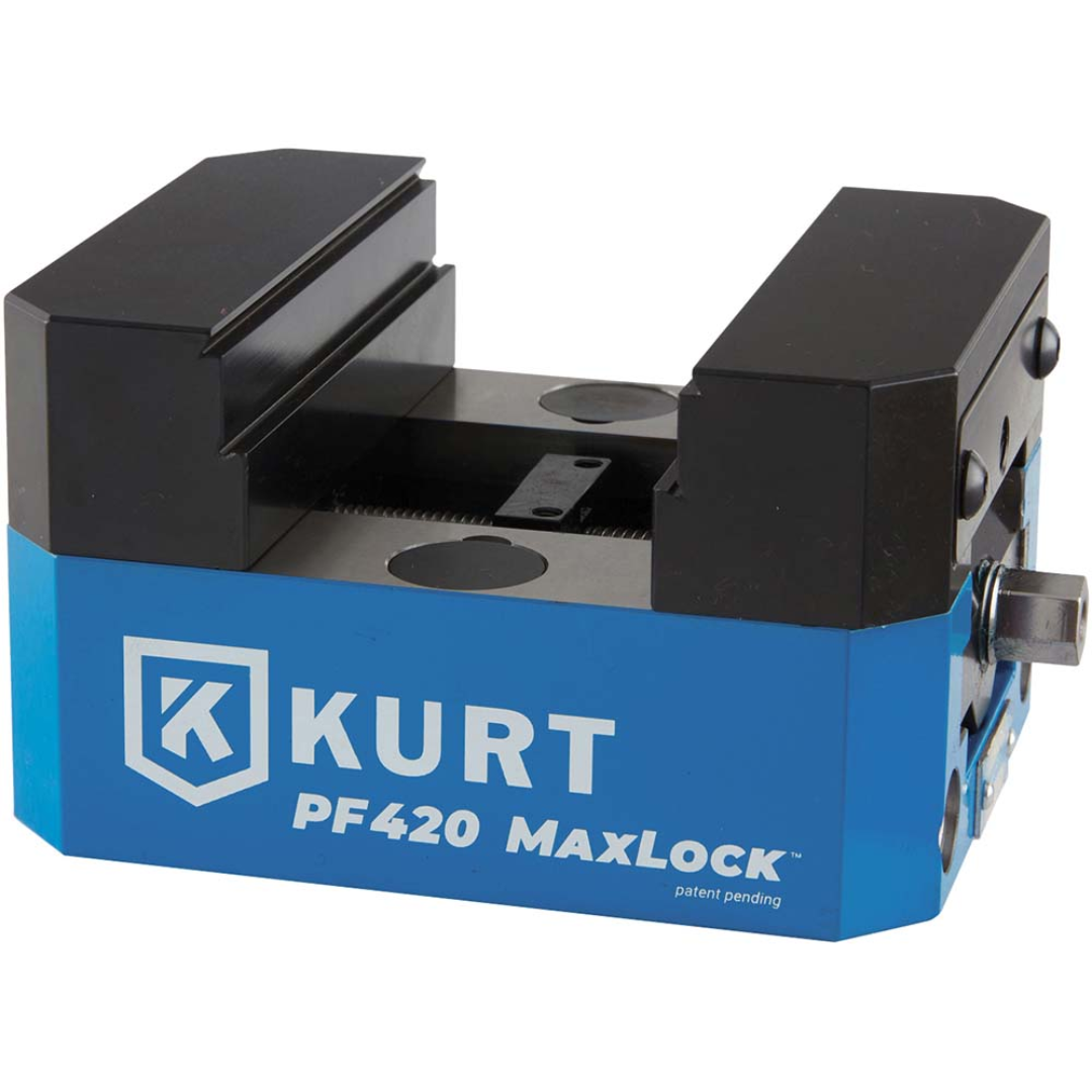 Kurt Modular Dovetail Vise: 4" Jaw Width, 1.2500" Jaw Height PF420D compact modular dovetail vise featuring a low-profile MaxLock design, precision clamping system, and rigid construction for advanced 5-axis machining and workholding applications.