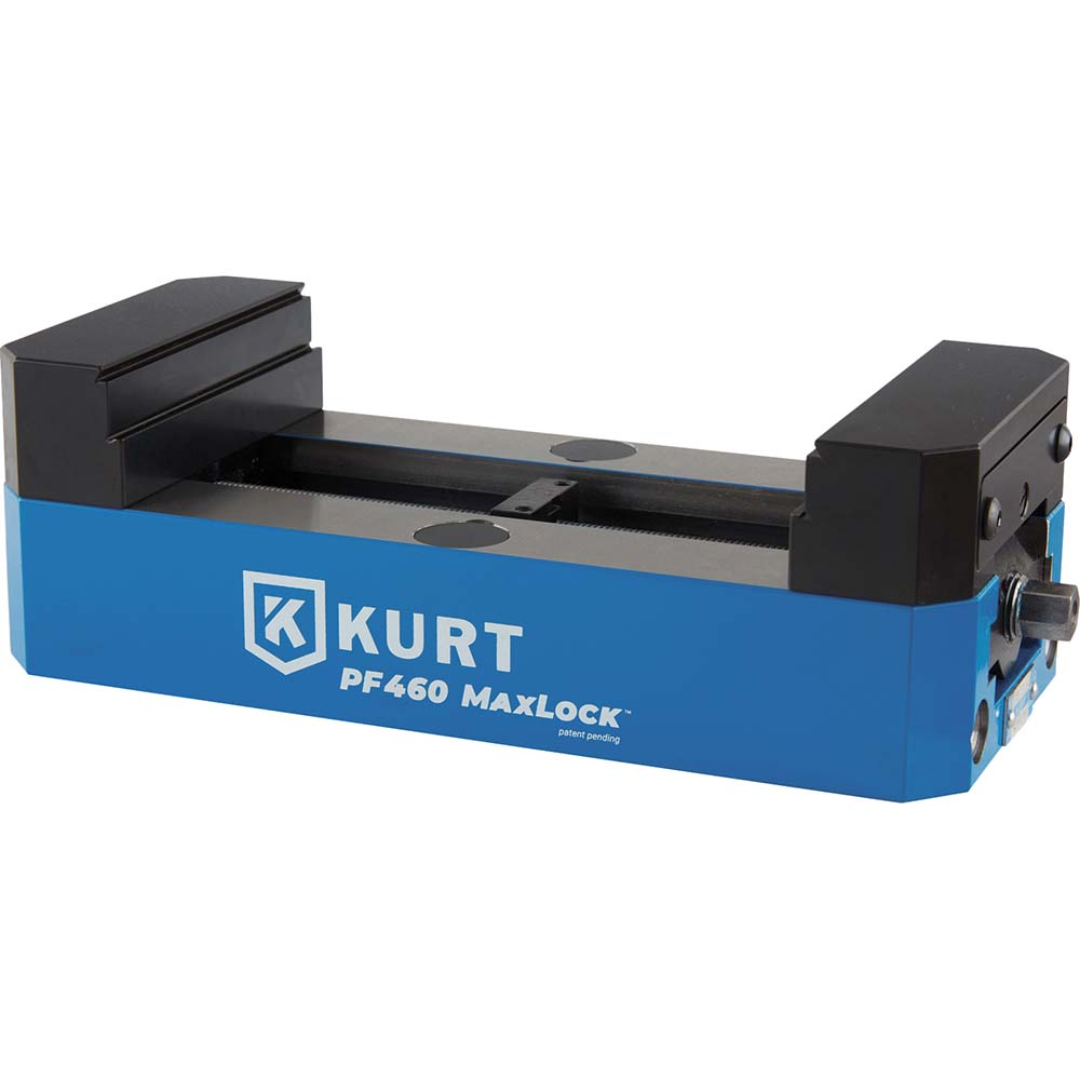 Kurt Modular Dovetail Vise: 4" Jaw Width, 1.2500" Jaw Height PF460D precision modular workholding vise featuring dovetail jaw design, extended clamping area, and MaxLock technology for secure 5-axis CNC machining applications.