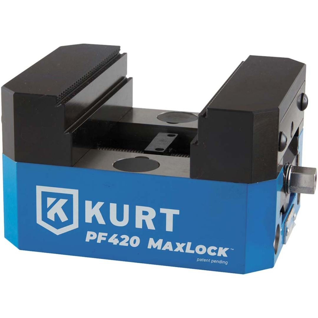 Kurt Modular Serrated Vise: 4" Jaw Width, 1.2500" Jaw Height PF420S precision modular workholding vise featuring serrated jaws, compact low-profile design, and MaxLock clamping technology for secure part holding in CNC machining applications.