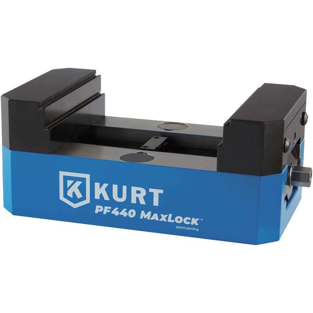 Kurt Modular Serrated Vise: 4" Jaw Width, 1.2500" Jaw Height PF440S precision modular workholding vise featuring serrated jaws, extended body design, and MaxLock clamping technology for secure part holding in 5-axis CNC machining applications.