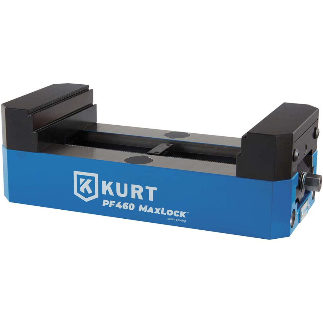 Kurt Modular Serrated Vise: 4" Jaw Width, 1.2500" Jaw Height PF460S modular machine vise featuring serrated jaws, compact MaxLock design, and durable construction for precision CNC machining and secure workholding applications.