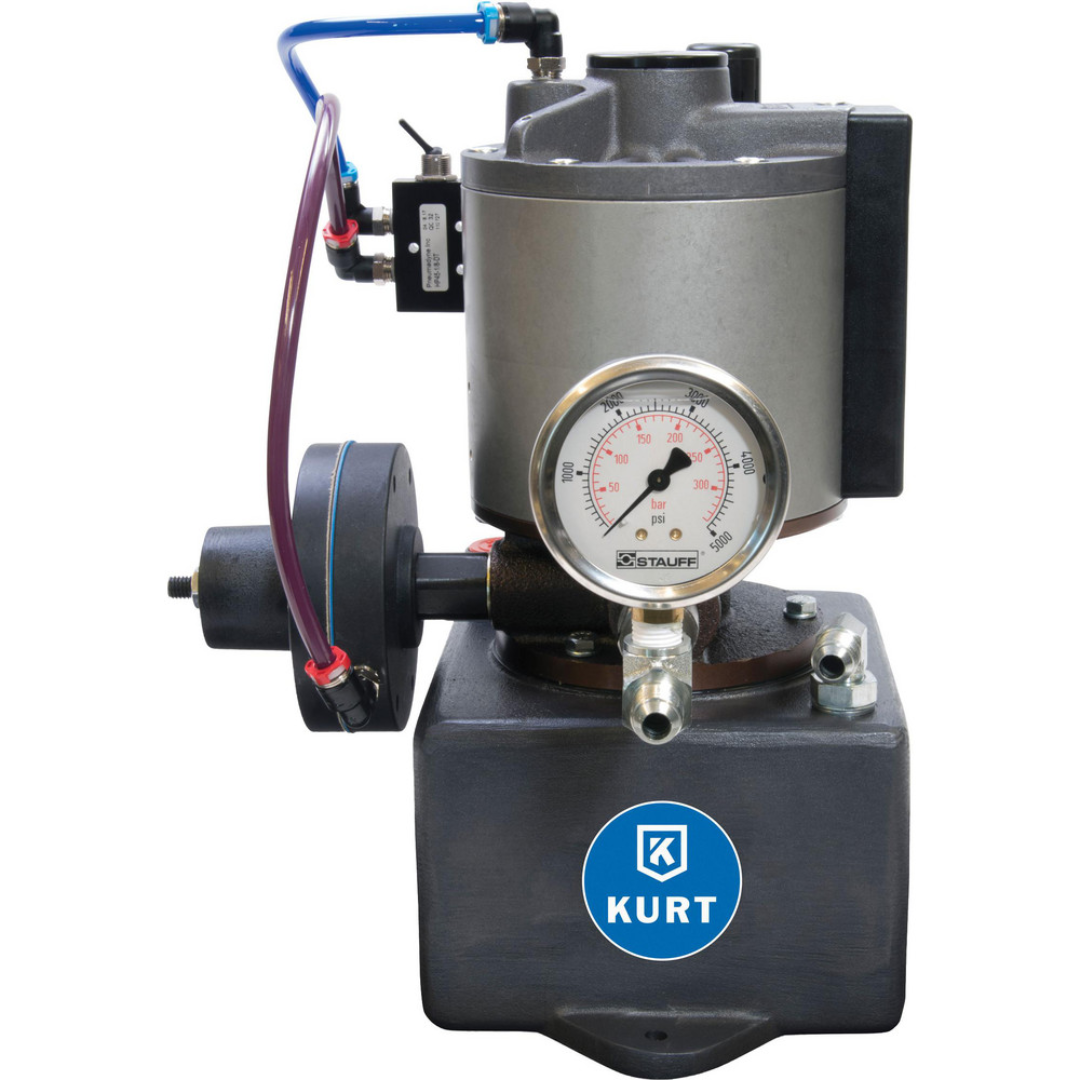 Kurt Power Hydraulic Pumps & Jacks: Type: Air Hydraulic Foot Pump; 1st Stage Pressure Rating: 100; 2nd Stage Pressure Rating: 100; Pressure Rating (psi): 100 KHP3T air hydraulic foot pump with integrated pressure gauge, heavy-duty reservoir, and compact industrial design for powering hydraulic cylinders, jacks, and workholding systems.