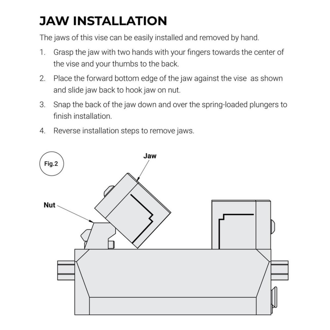 Kurt Self-Centering Vise: PFW, 2.5010" Max Jaw Opening 67380915 jaw installation diagram illustrating proper jaw mounting procedures, setup instructions, and workholding configuration details for precision machining operations.