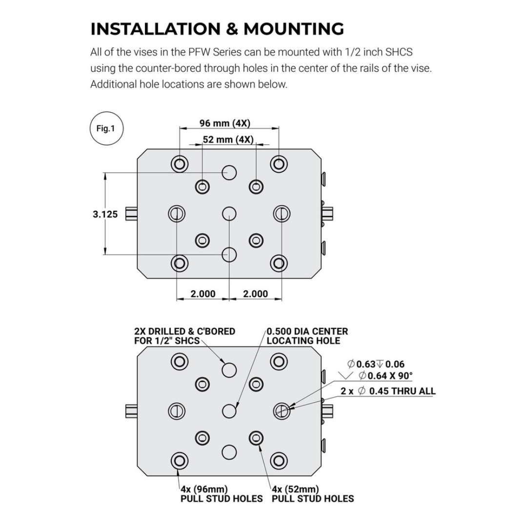 Kurt Self-Centering Vise: PFW, 4.6060" Max Jaw Opening 68624501 installation and mounting diagram showing mounting hole patterns and setup dimensions for precise machine table integration.