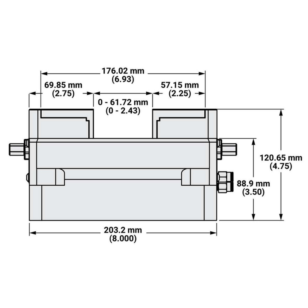 Kurt Self-Centering Vise: PF, 2.4300" Max Jaw Opening 79566253 technical side-view drawing illustrating overall dimensions, jaw travel, and installation measurements for CNC workholding applications.