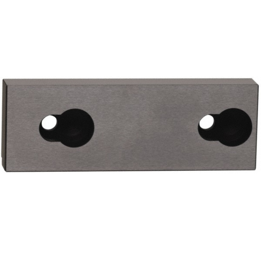Kurt Vise Jaw: 3.97" Wide, 1.3740" High, 0.5470" Thick, Flat 09219585 precision-machined replacement vise jaw shown in front view with dual mounting holes, hardened steel construction for secure clamping and machining applications.
