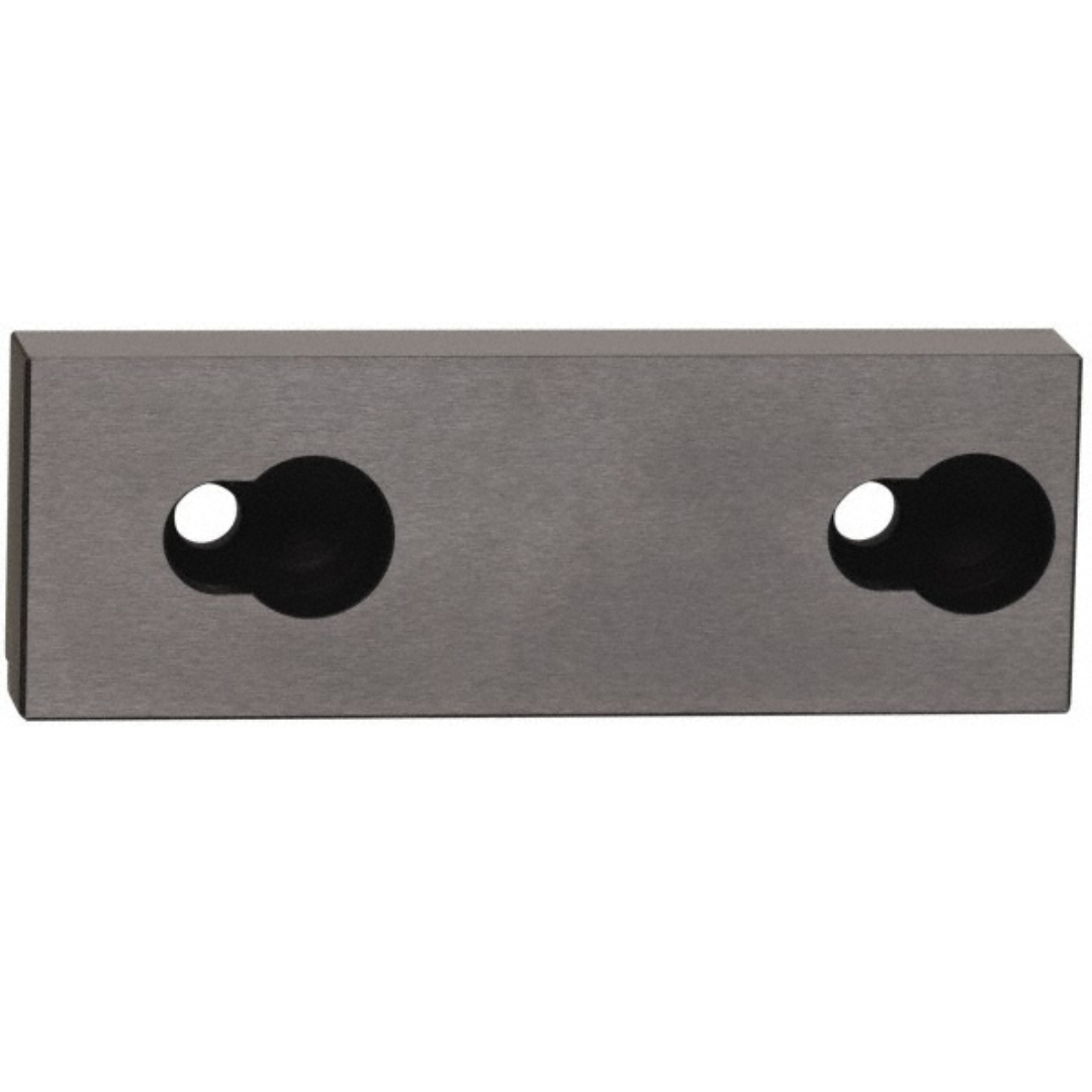 Kurt Vise Jaw: 3.97" Wide, 1.3740" High, 1.1250" Thick, V-Groove 09219601 precision-machined replacement vise jaw featuring a V-groove gripping profile and dual mounting holes for securely holding round, cylindrical, and irregular workpieces during machining operations.