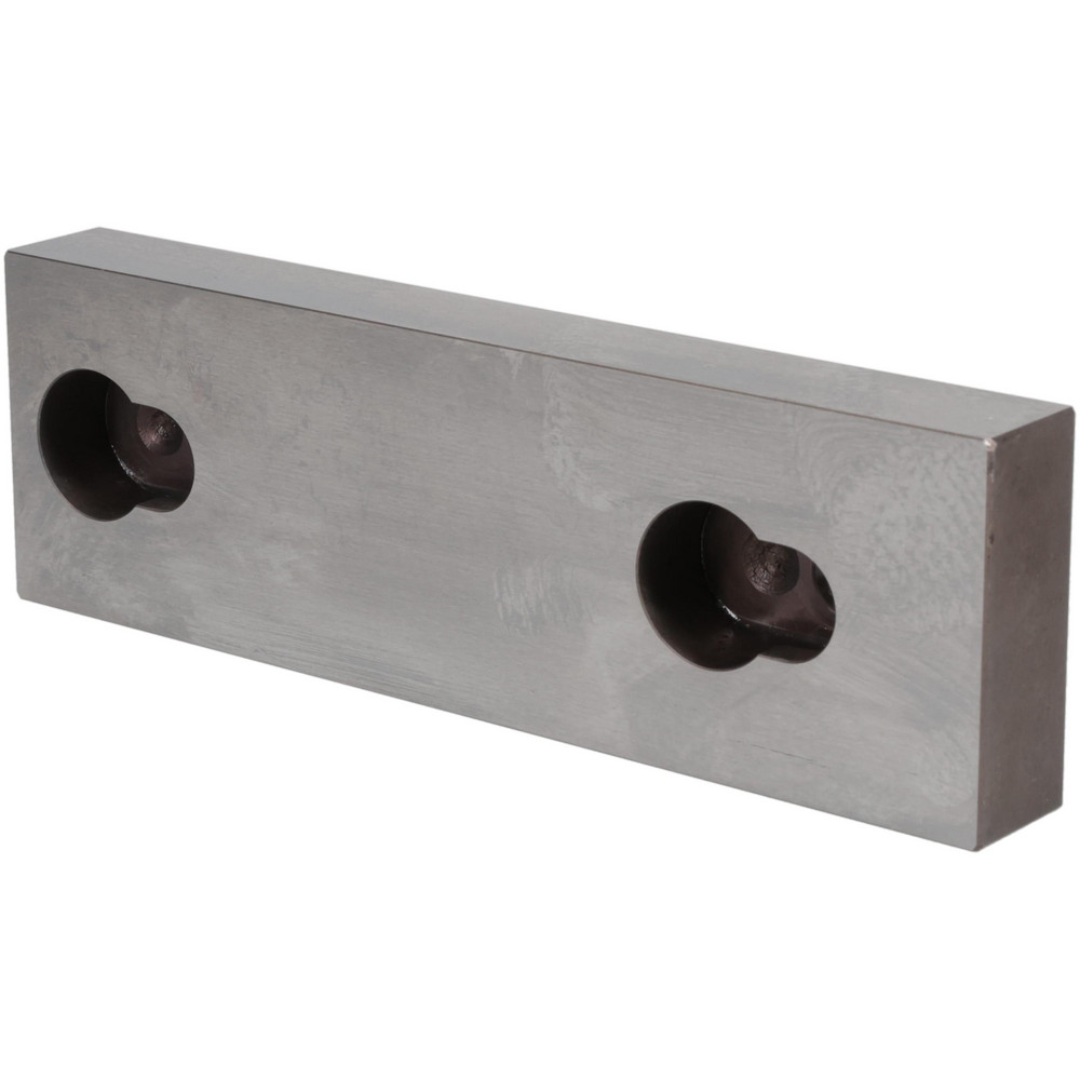 Kurt Vise Jaw: 5.97" Wide, 1.8800" High, 0.7250" Thick, Flat 09219742 angled side view highlighting the precision-ground surfaces, mounting hole configuration, and durable steel construction.