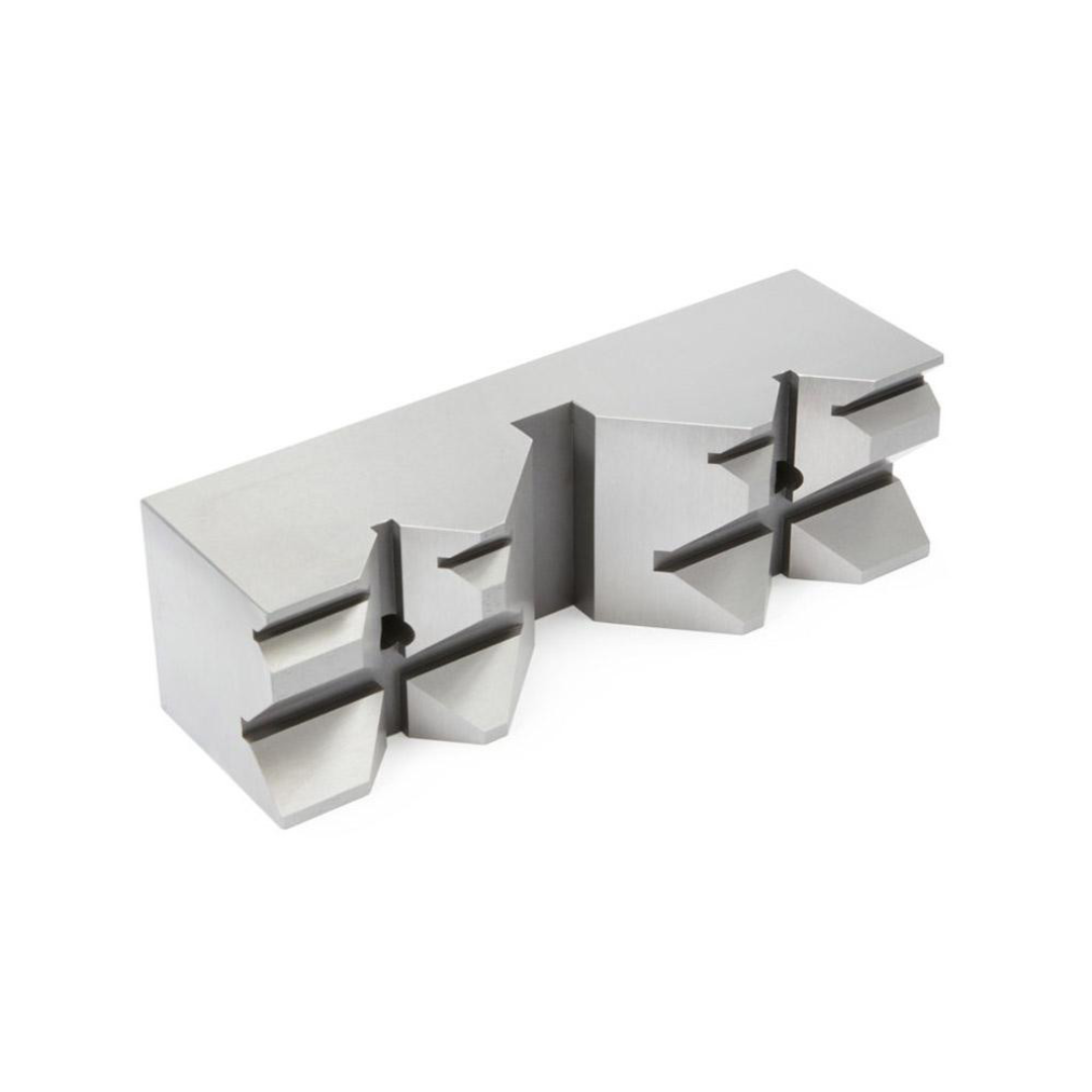 Kurt Vise Jaw: 7.97" Wide, 2.4400" High, 2.3750" Thick, V-Groove 09219924 industrial V-groove vise jaw shown in angled view, designed for accurate positioning, enhanced gripping performance, and reliable workholding in machining applications.