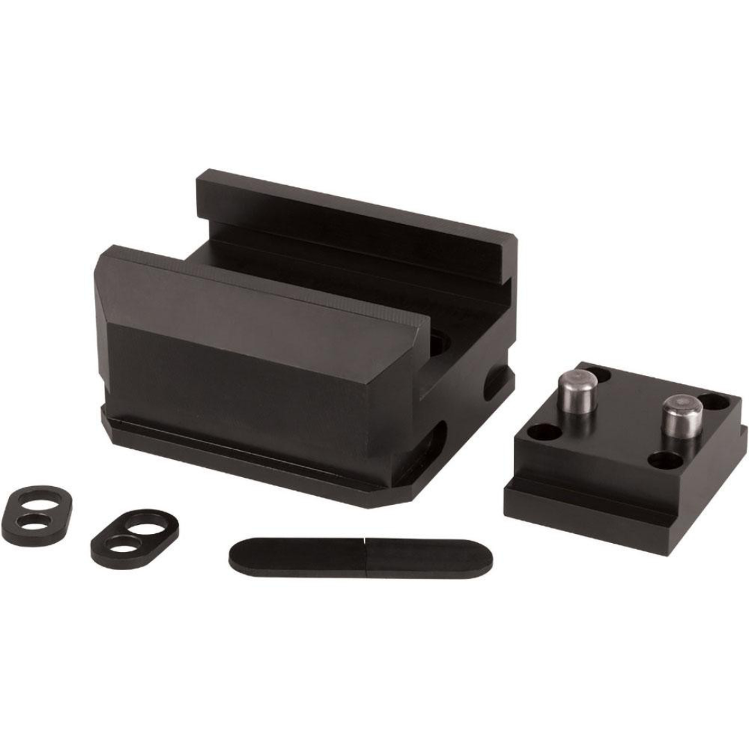 Kurt Vise Jaw Accessory: Riser MX350RS riser block assembly featuring precision-machined steel construction, mounting hardware, and alignment components designed to elevate and support compatible Kurt workholding systems.