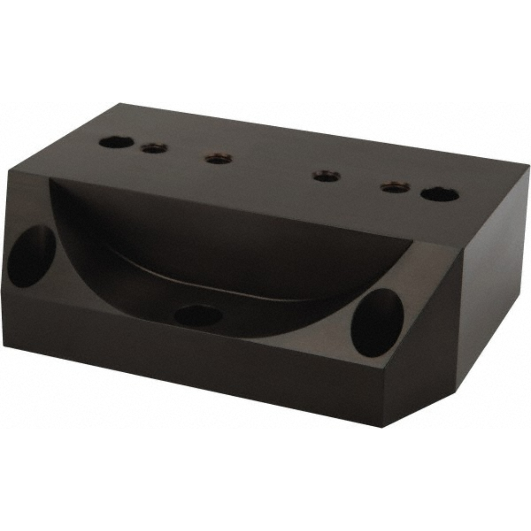 Kurt Vise Jaw Accessory: Riser SCMX425-RISERKIT precision-machined black steel riser block designed for Kurt vise jaw elevation, featuring multiple mounting holes, semicircular relief cut, and durable industrial-grade construction for CNC machining applications.